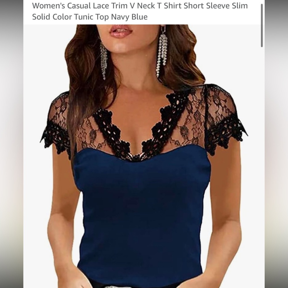 Navy Blue Lace Trim V-Neck Top